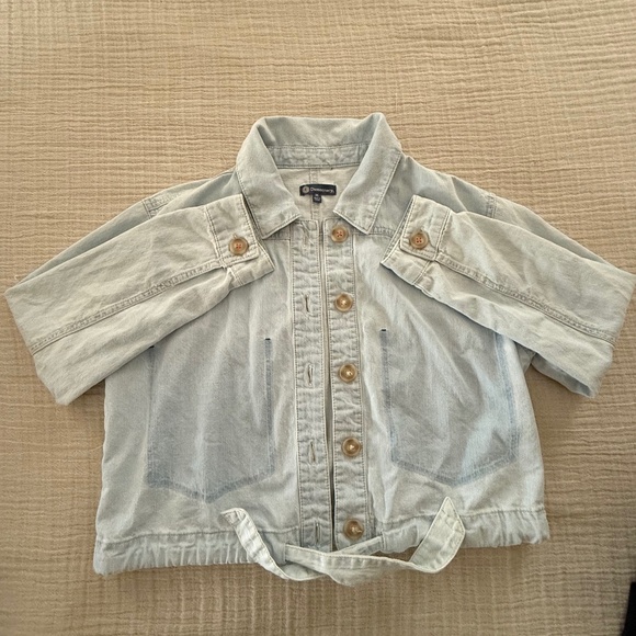 Democracy Jacket Denim Twill Button Down Tie-Front Utility Pocket Cropped Blue M - Picture 1 of 4